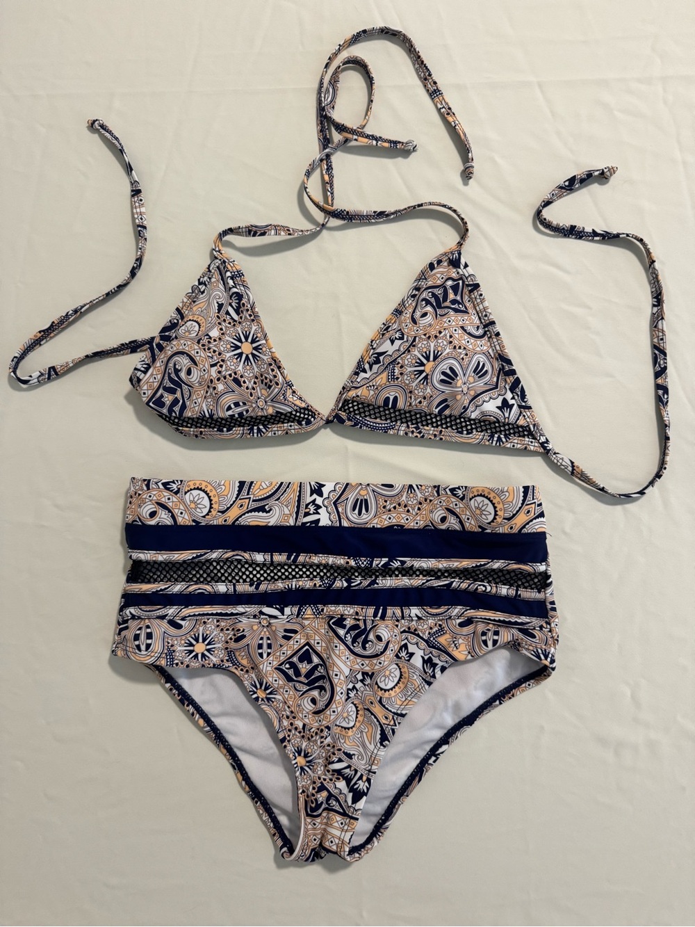 High-Waist Paisley Navy Orange Mesh Bikini Set  Swimsuit Size Small